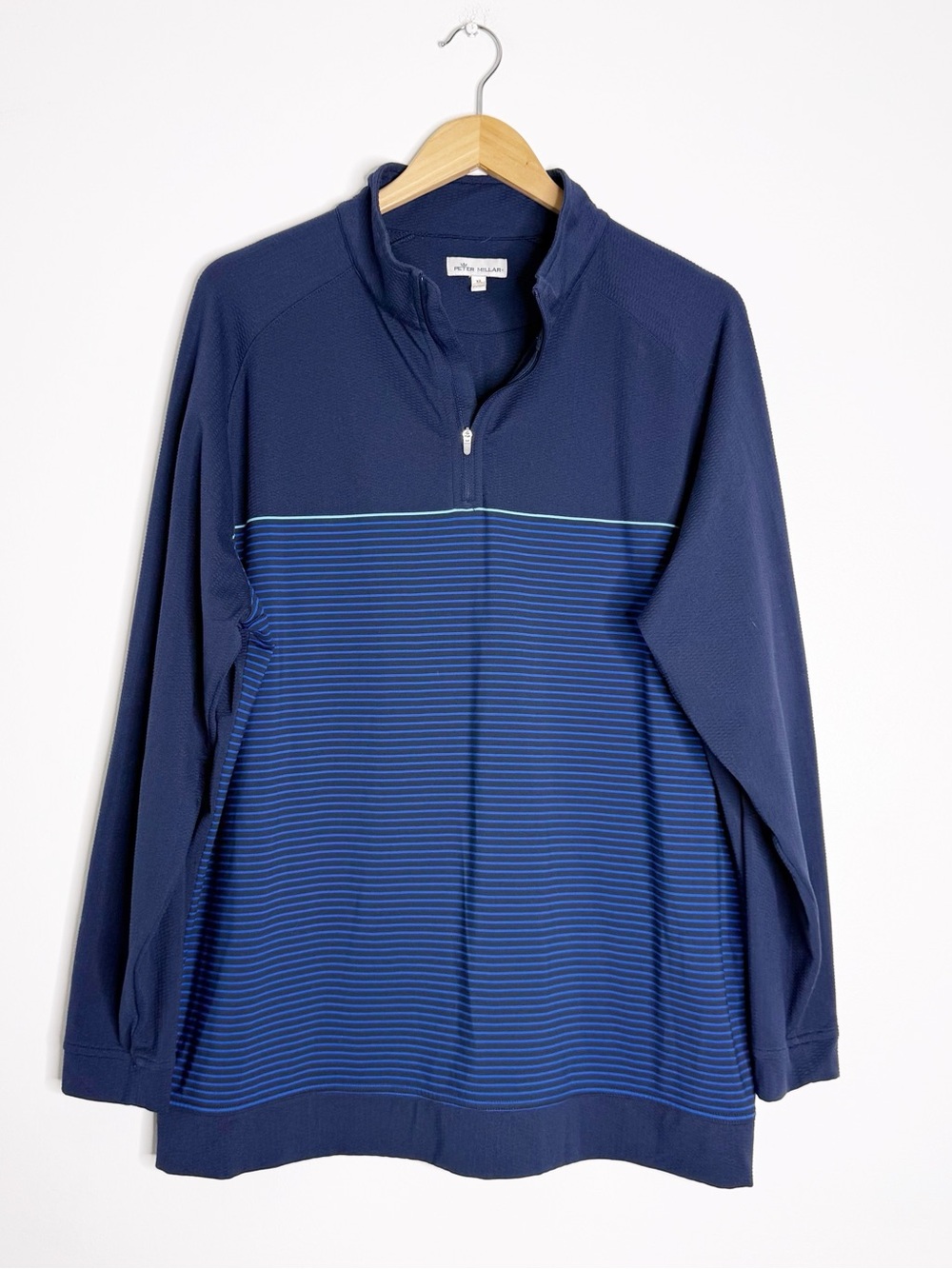 Peter Millar Men’s XL Navy Blue Striped Quarter Zip Pullover Performance Golf